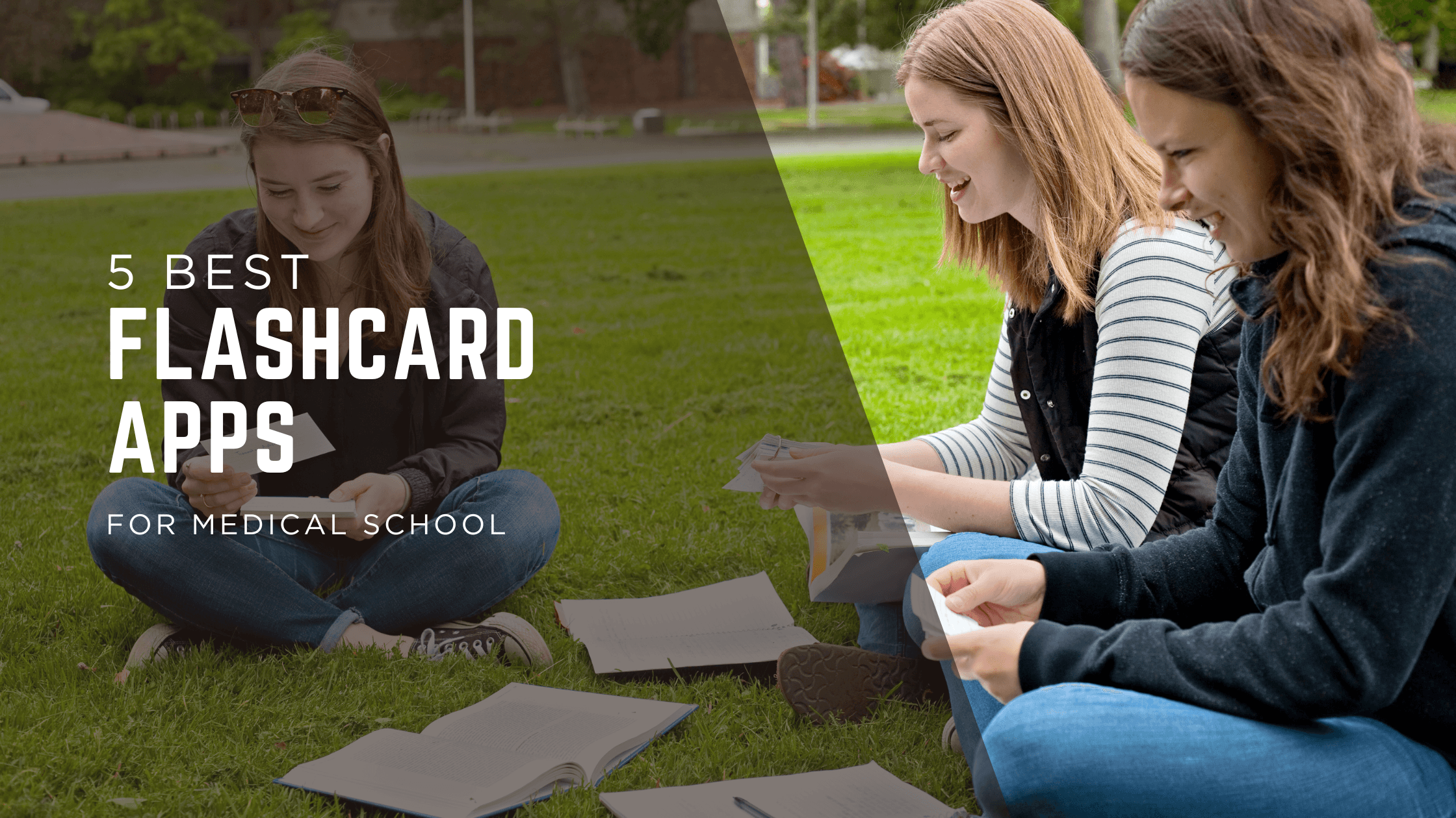 Image showing the text "5 best flashcard apps for medical school" along with the students in the background learning through flashcards.