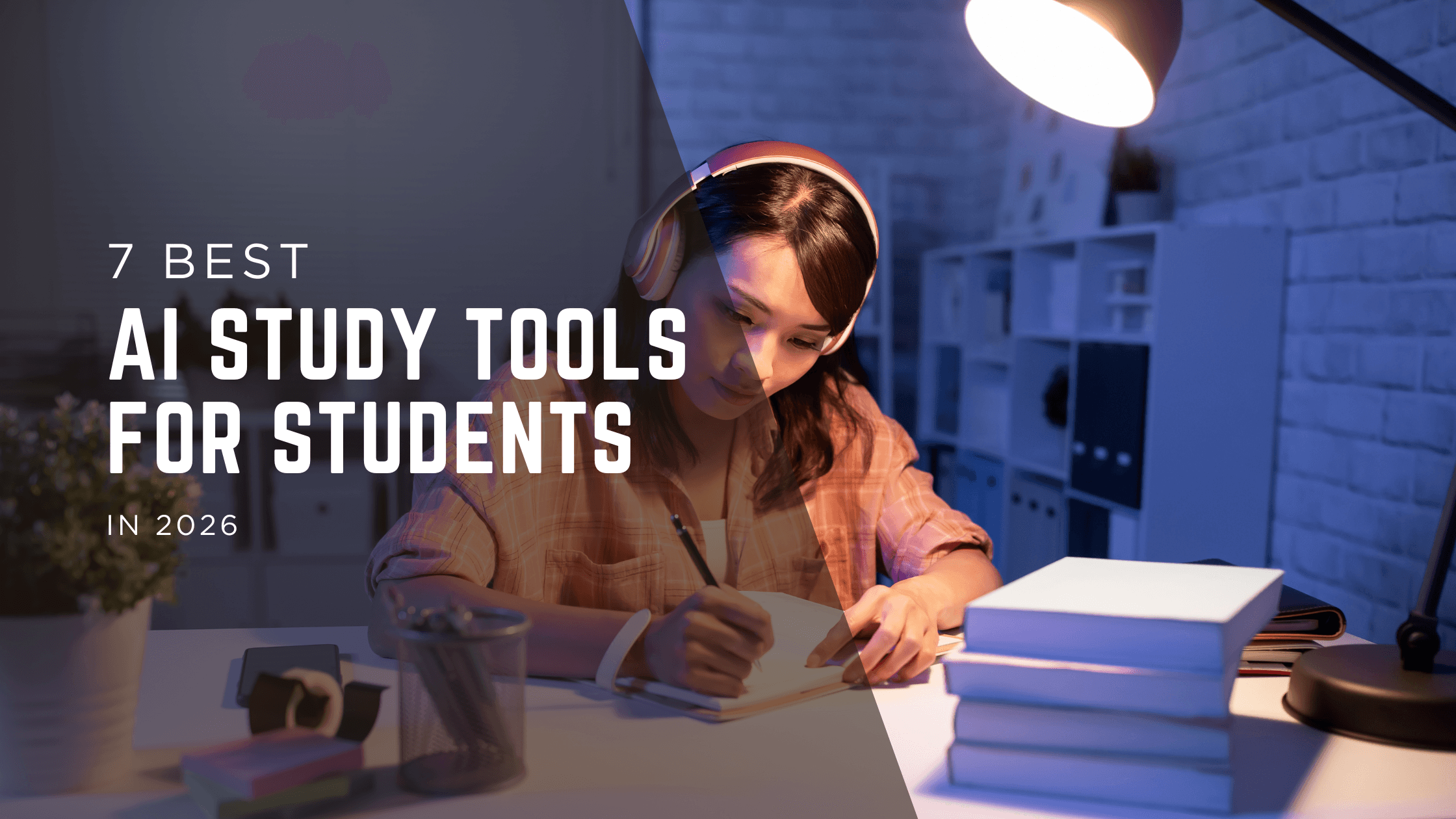 Graphic showing the text "Best AI study tools for students" with college student studying in the background.