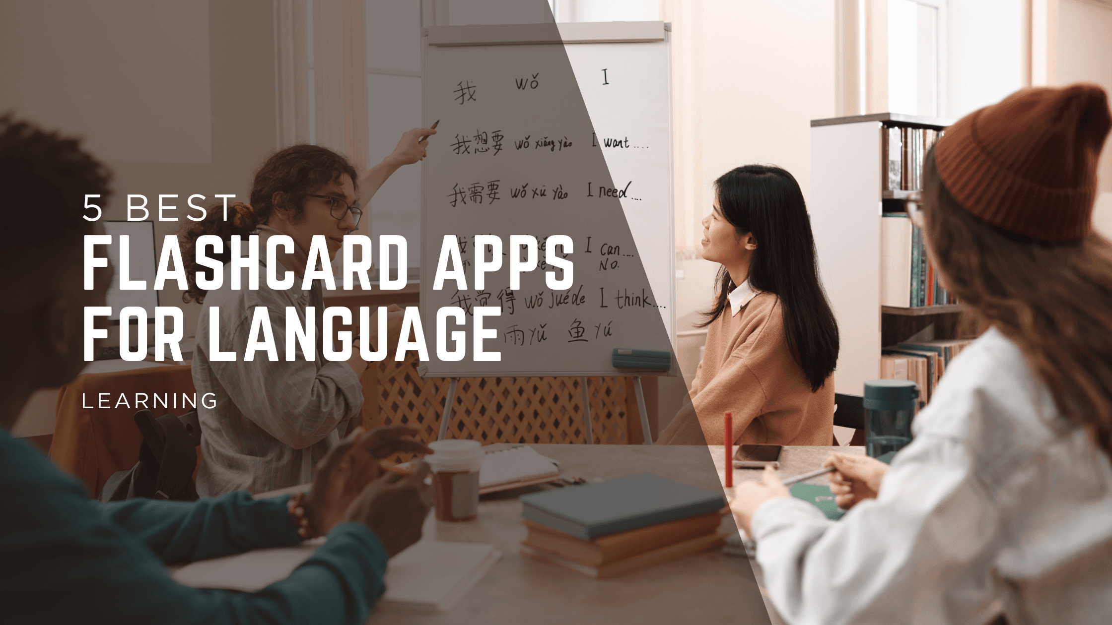 Image showing students learning in a classroom along with a text written in foreground that says "5 Best Flashcard Apps for Language Learning."